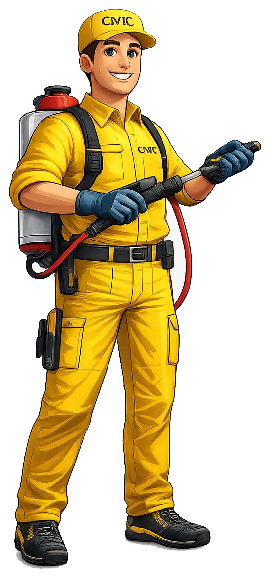 Civic Pest Control character holding pest control equipment
